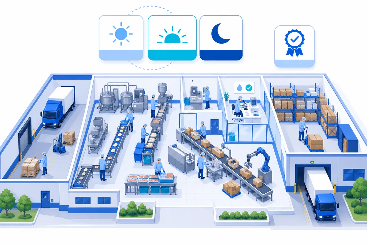Overview of a food production facility with workstations staffed across three rotating shifts