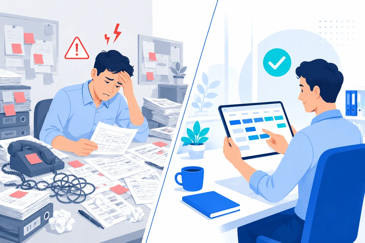 Before and after: manual Excel shift planning versus a clear digital shift schedule in Stafferi