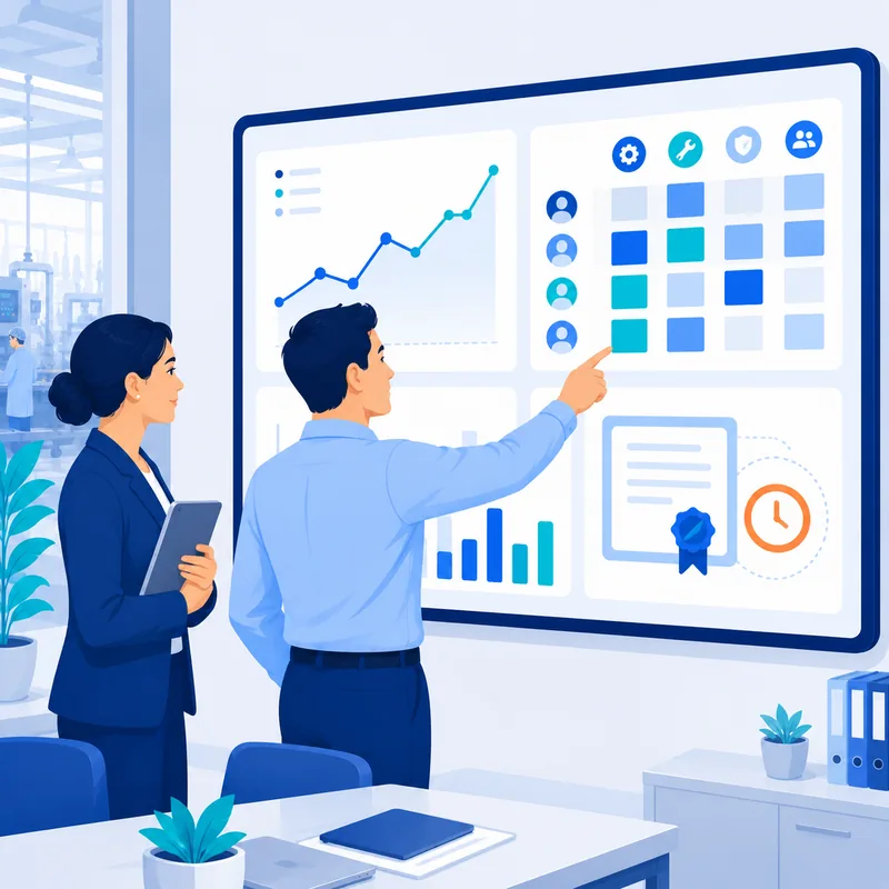 HR manager reviewing a skills matrix and workforce analytics dashboard