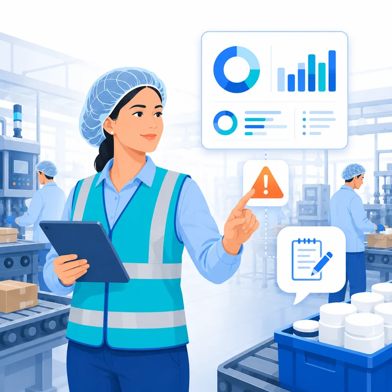 Production supervisor monitoring a real-time staffing dashboard on a tablet