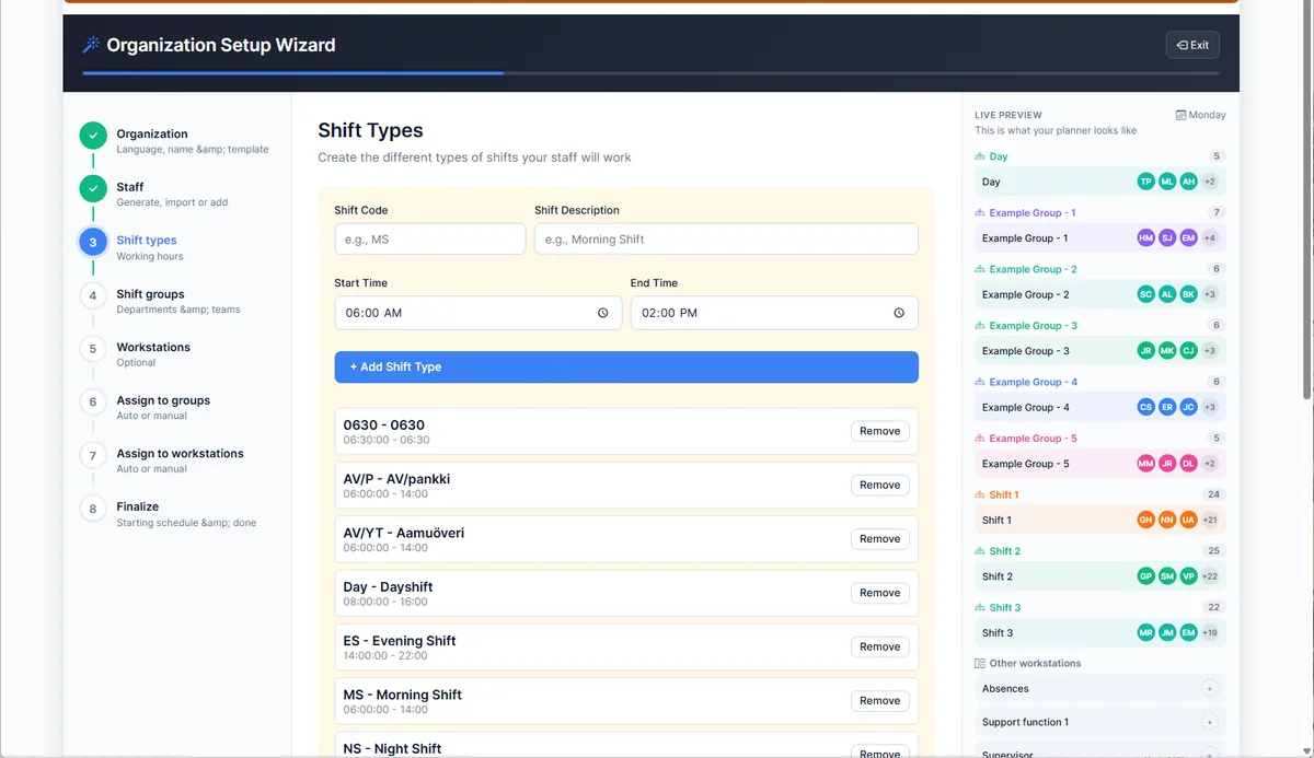 Stafferi setup wizard for adding staff, shifts, groups and workstations